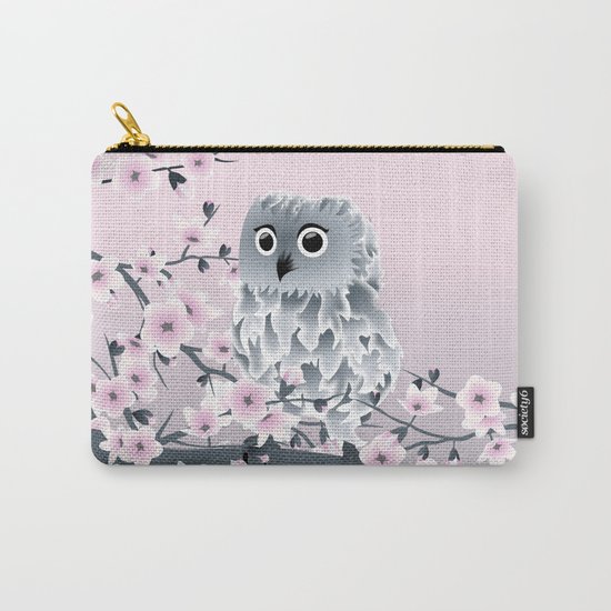 Cute Owl and Cherry Blossoms Pink Gray Carry-All Pouch