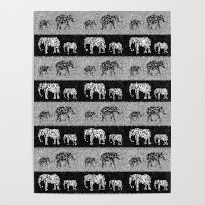 Black and White Elephant Families on Velvet Poster