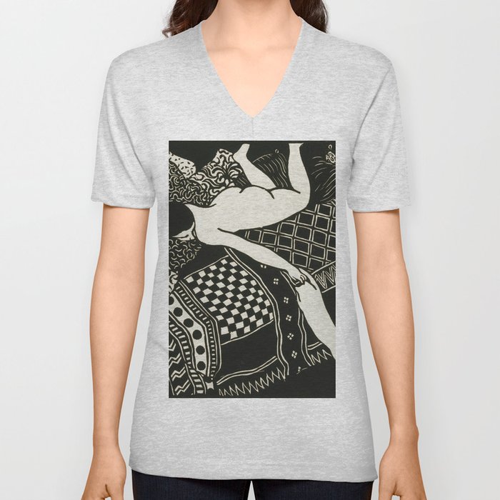 Laziness, or Woman with Cat V Neck T Shirt