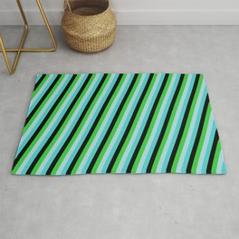 [ Thumbnail: Turquoise, Black, Lime Green, and Light Blue Colored Lines/Stripes Pattern Rug ]