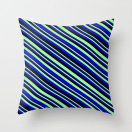 [ Thumbnail: Green, Blue & Black Colored Striped/Lined Pattern Throw Pillow ]