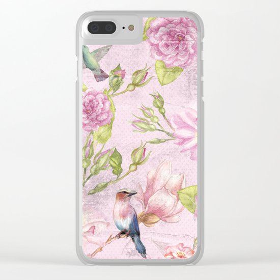 Floral painterly background in pink with Roses Flowers and Birds Clear iPhone Case