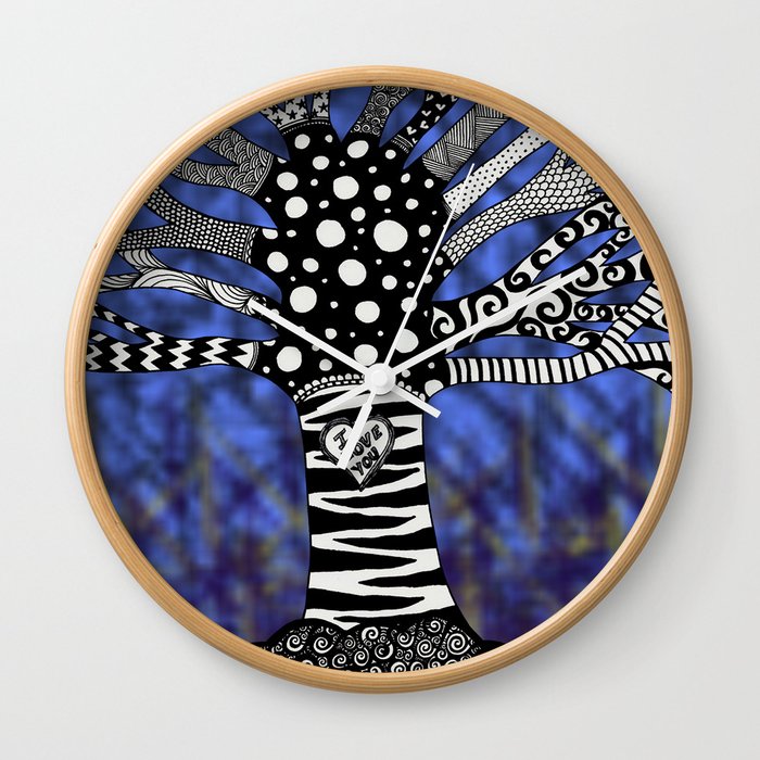 Blue Doodle Tree Wall Clock