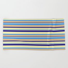 [ Thumbnail: Tan, Dark Blue, Pale Goldenrod & Blue Colored Lined Pattern Beach Towel ]