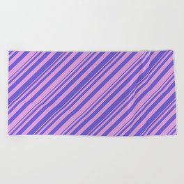 [ Thumbnail: Plum & Slate Blue Colored Lined Pattern Beach Towel ]