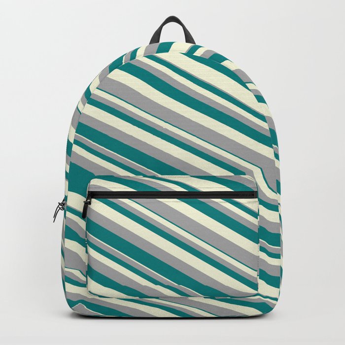 Beige, Dark Gray, and Teal Colored Pattern of Stripes Backpack
