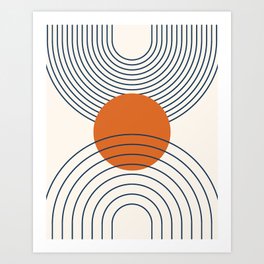 Geometric Lines sun rainbow 2 in Orange and Navy Blue Art Print