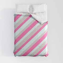 [ Thumbnail: Light Grey, Hot Pink, and Light Cyan Colored Lined Pattern Comforter ]