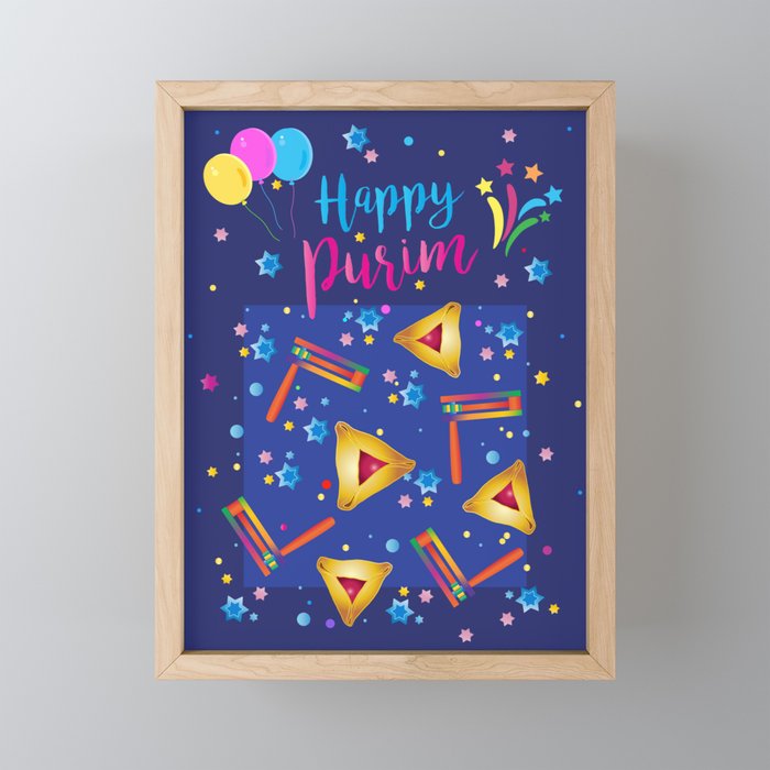 Happy Purim Festival Jewish Holiday Symbols Grogger, hamantaschen cookies, masque, confetti Illustration  Framed Mini Art Print