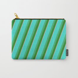 [ Thumbnail: Turquoise, Sea Green, Forest Green, and Light Pink Colored Pattern of Stripes Carry-All Pouch ]