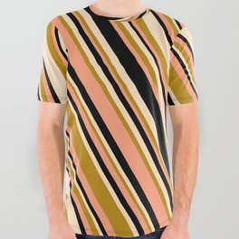 [ Thumbnail: Bisque, Dark Goldenrod, Light Salmon & Black Colored Stripes/Lines Pattern All Over Graphic Tee ]