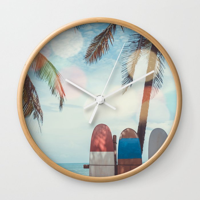 Surf Life Tropical Coastal Landscape Surfboard Scene Wall Clock