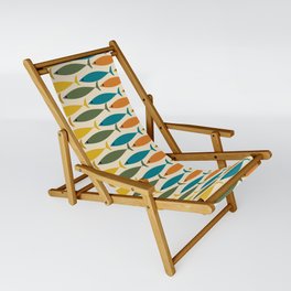 Mid-Century Modern Fish Stripes in Moroccan Teal, Green, Orange, Mustard, and Cream Sling Chair