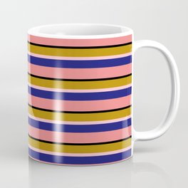 [ Thumbnail: Eye-catching Dark Goldenrod, Pink, Midnight Blue, Light Coral & Black Colored Stripes/Lines Pattern Coffee Mug ]