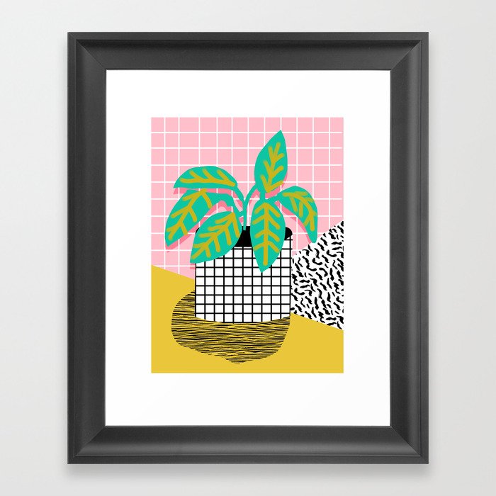 Get Real - potted plant throwback retro neon 1980s style art print minimal abstract grid lines shape Framed Art Print