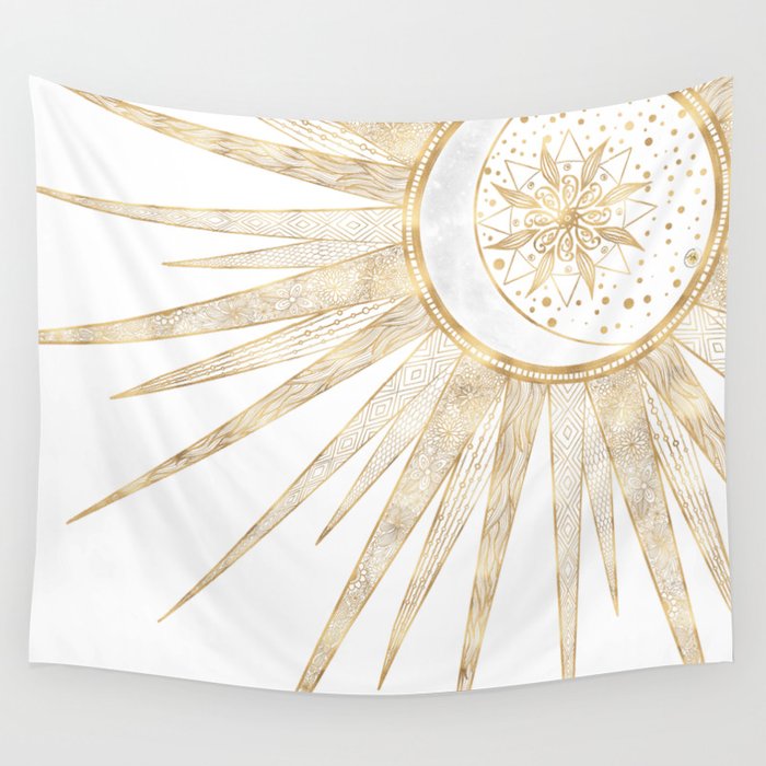 Elegant Gold Doodles Sun Moon Mandala Design Wall Tapestry