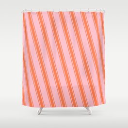 [ Thumbnail: Pink & Coral Colored Striped Pattern Shower Curtain ]