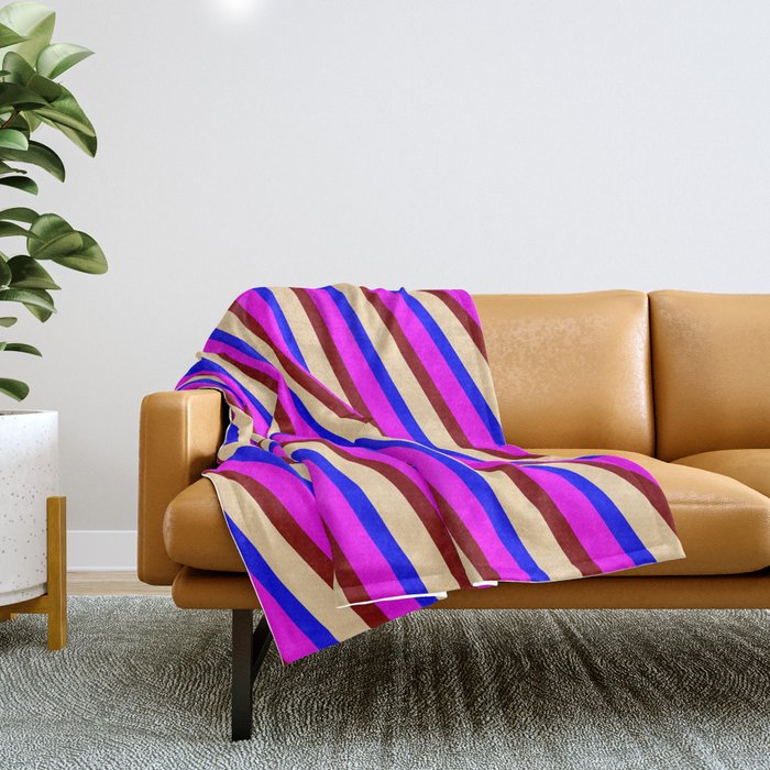 Blue, Fuchsia, Maroon, and Tan Colored Lined Pattern Throw Blanket