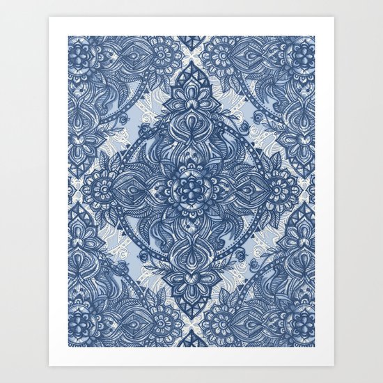 Denim Blue Lace Pencil Doodle Art Print