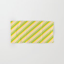 [ Thumbnail: Sea Green, Yellow & Tan Colored Lines/Stripes Pattern Hand & Bath Towel ]