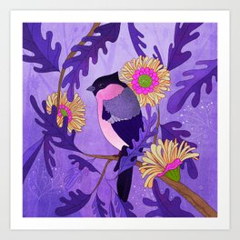 Bullfinch - Purple Summer Garden  Art Print