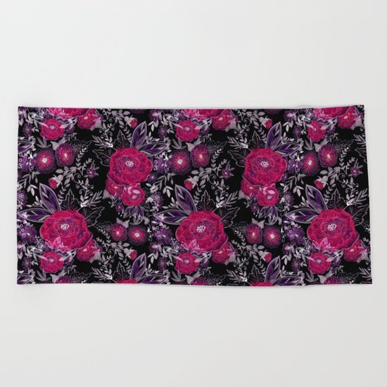 Pink roses on black background . Beach Towel