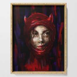 cunning girl lucifer in a red, balaclava Serving Tray