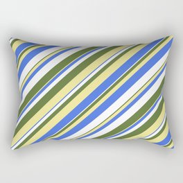 [ Thumbnail: Dark Olive Green, Tan, Royal Blue, and White Colored Stripes Pattern Rectangular Pillow ]