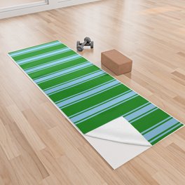 [ Thumbnail: Green and Light Sky Blue Colored Striped Pattern Yoga Towel ]