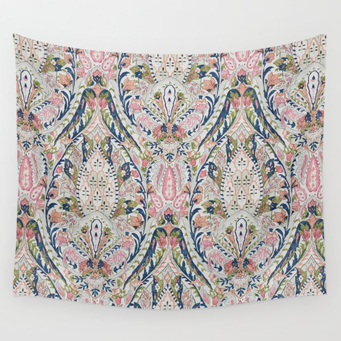 Pink Blue Green Leaf Flower Paisley Wall Tapestry