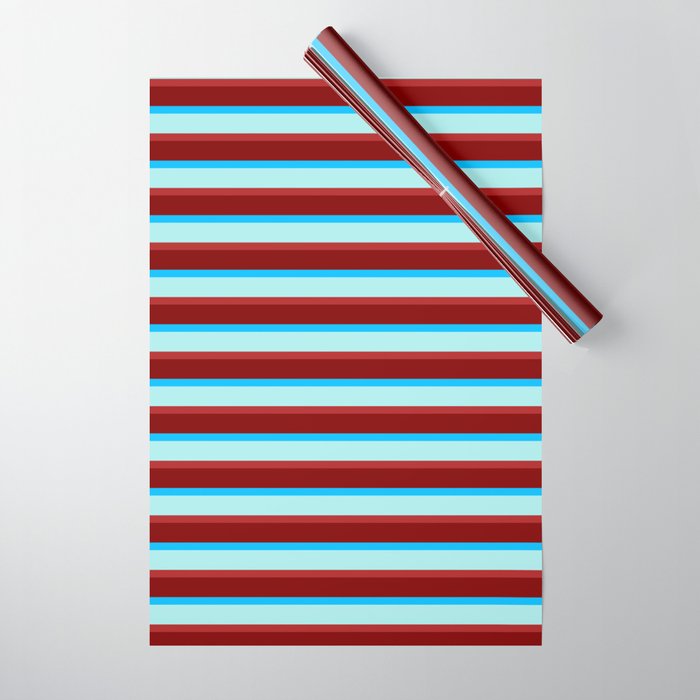 Deep Sky Blue, Turquoise, Red, and Maroon Colored Lined/Striped Pattern Wrapping Paper