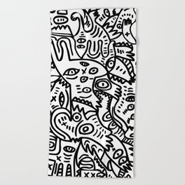 Hand Drawing Graffiti Creatures in the Summer Afternoon Black and White Beach Towel