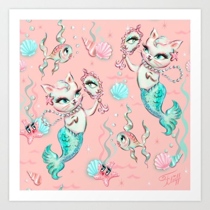 Merkittens with Pearls on blush Art Print
