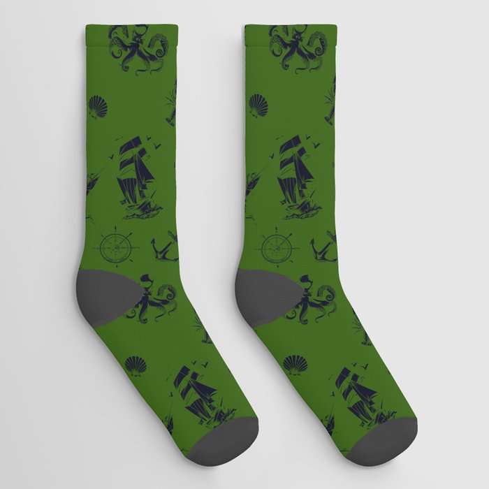 Green And Blue Silhouettes Of Vintage Nautical Pattern Socks