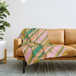 [ Thumbnail: Goldenrod, Sea Green, Brown, and Pink Colored Striped/Lined Pattern Throw Blanket ]