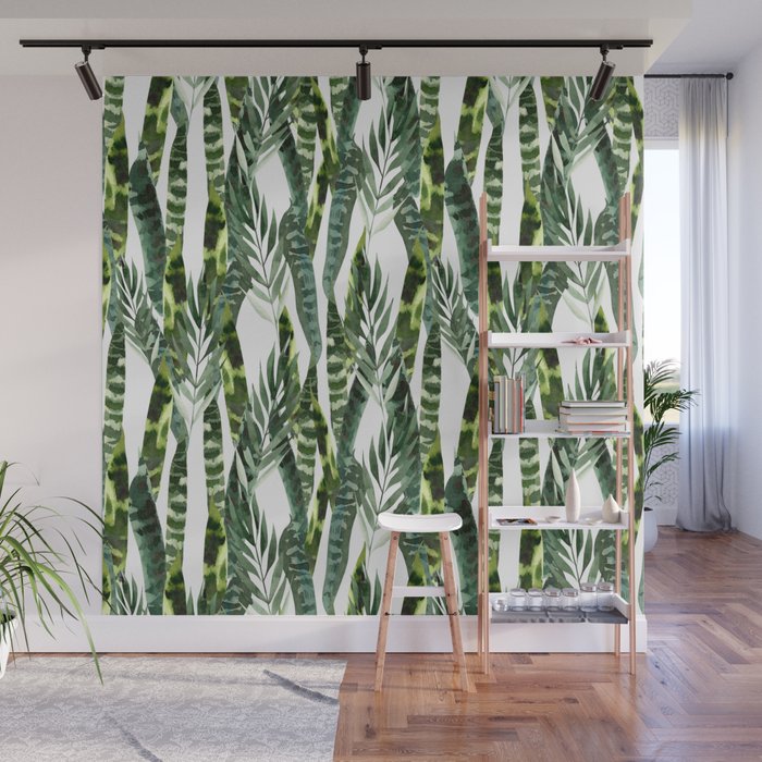 Watercolor Exotic Plants Leaves Pattern Wall Mural