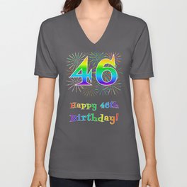 [ Thumbnail: 46th Birthday - Fun Rainbow Spectrum Gradient Pattern Text, Bursting Fireworks Inspired Background V Neck T Shirt V-Neck T-Shirt ]