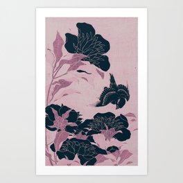 Peonies and Canary by Hokusai : JAPANESE FLORAL MAUVE  Art Print