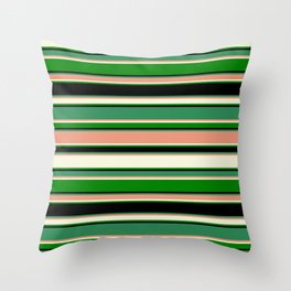 [ Thumbnail: Eye-catching Sea Green, Dark Salmon, Beige, Green, and Black Colored Lined Pattern Throw Pillow ]