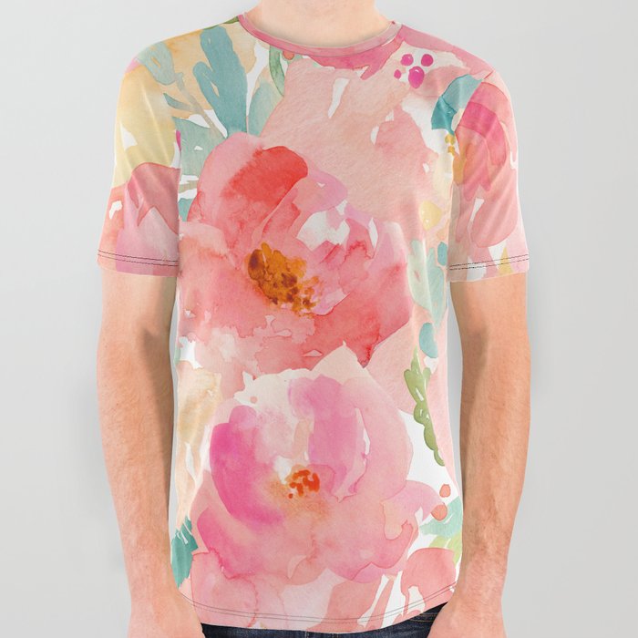 Preppy Pink Peonies All Over Graphic Tee
