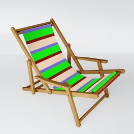 [ Thumbnail: Medium Slate Blue, Lime, Dark Red, and Bisque Colored Lines/Stripes Pattern Sling Chair ]