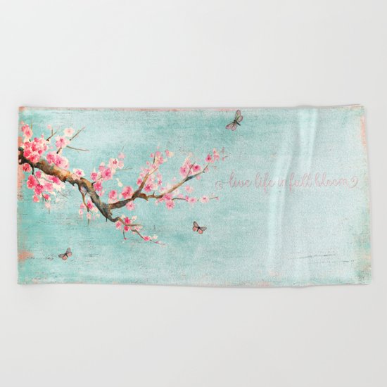 Live life in full bloom - Romantic Spring Cherryblossom butterfly Watercolor illustration on aqua Beach Towel
