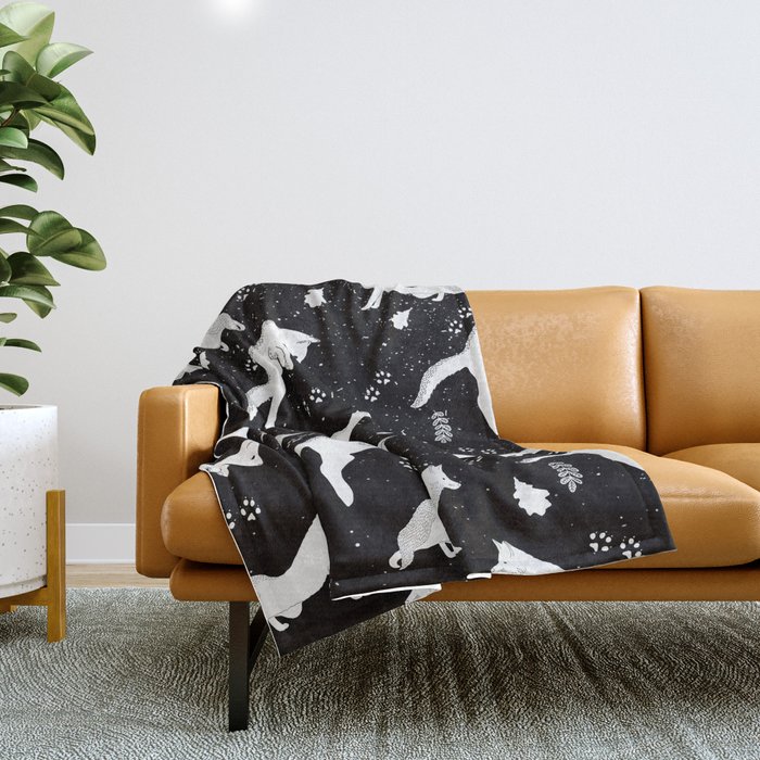 Funny Fox Winter Pattern - White on Black - Mix & Match with Simplicity of life Throw Blanket