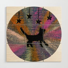 Starburst Kitty - Black Cat with Gold Stars and Rainbow Embroidery Wood Wall Art