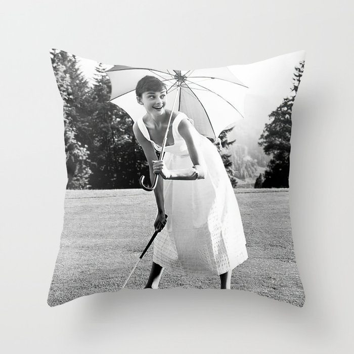 Audrey Hepburn Playing Golf, Black and White Vintage Art Throw Pillow