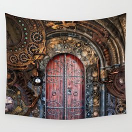Steampunk, Gears, Pipes, Brass, Door, Time, Travel. Vintage. Retro. Illustration.  Wall Tapestry