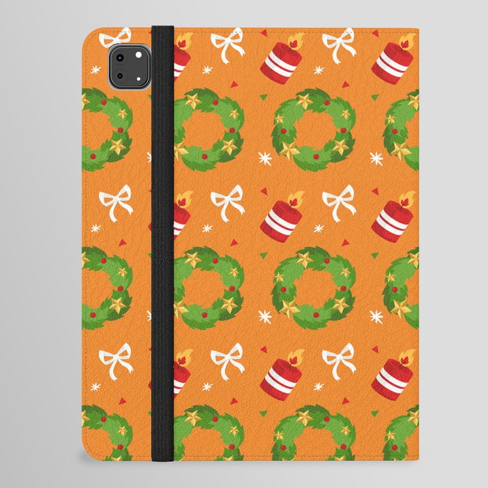 Christmas Pattern Wreath Candle Bow Orange iPad Folio Case