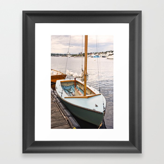 Wooden Boat Sailboat Sailing Sailor Nautical Lake Seattle Harbor Marina Recreation Outdoors Sunset Framed Art Print