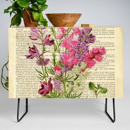Botanical print on old book page - garden flowers Credenza