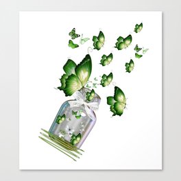 Green Butterflies Flying out of Bottle Canvas Print